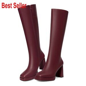 Faux Leather Knee High Boots Platform Chunky High Heel Square Toe Side Zipper